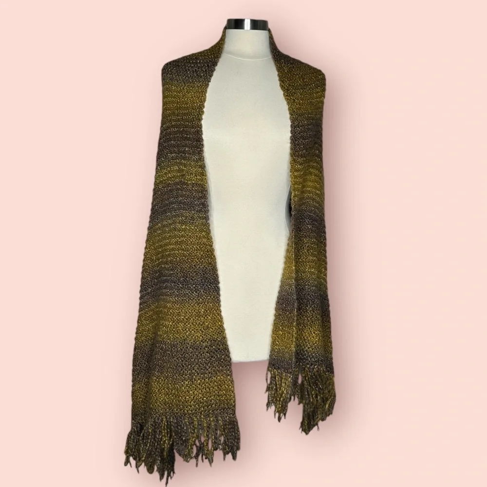 Vintage Knit Long Fringe Shawl Scarf | Boho Wrap